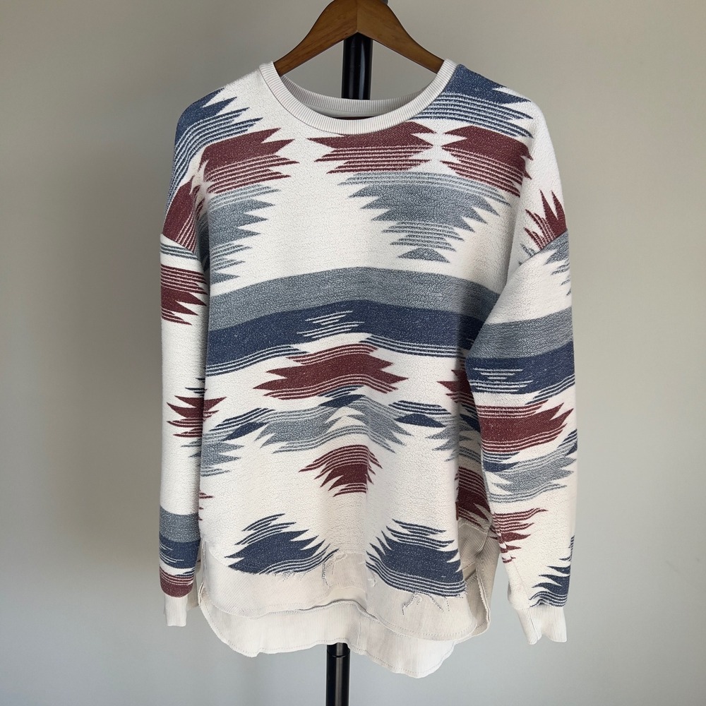 Royce Aztec Southwestern Print Fleece Poncho Sweatshirt XL Cozy Hi-Lo Distressed
